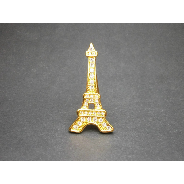 Vintage Eiffel Tower Shaped Brooch Gold Tone with Clear Rhinestones