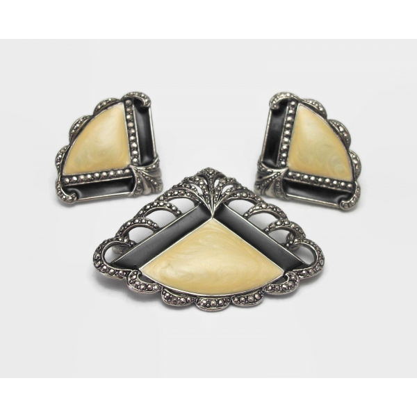 Vintage Marcasite Art Deco Fan Brooch and Earrings Set Filigree Cream Enamel