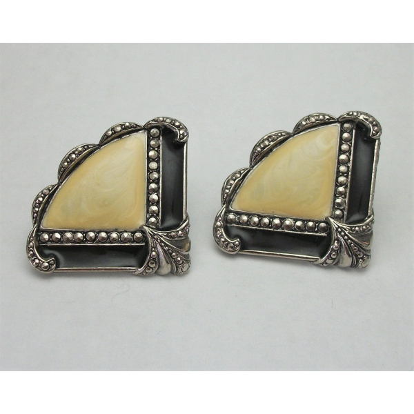 Vintage Marcasite Art Deco Fan Earrings Set Filigree Cream Enamel