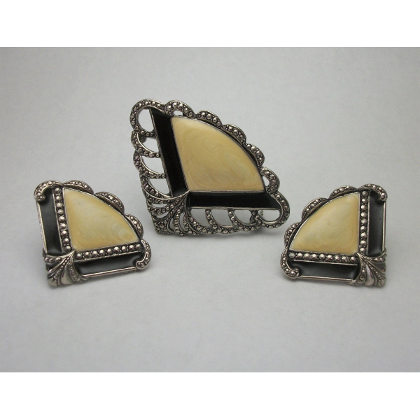 Vintage Marcasite Art Deco Fan Brooch and Earrings Set Filigree Cream Enamel