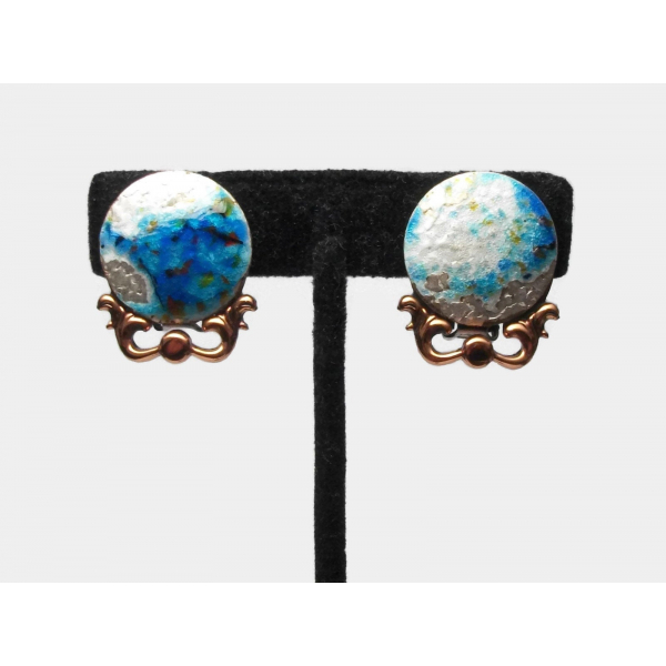 Vintage Matisse Renoir Copper and Enamel Clip on Earrings Blue and White