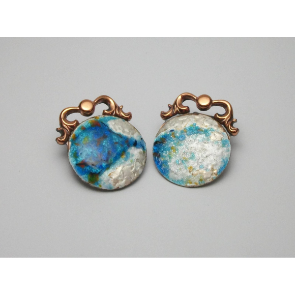 Vintage Matisse Renoir Copper and Enamel Clip on Earrings Blue White Designer