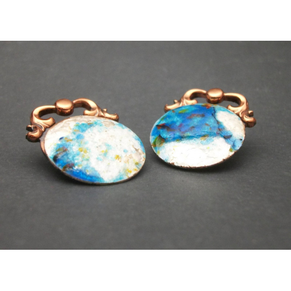 Vintage Matisse Renoir Copper and Enamel Clip on Earrings Blue White Designer