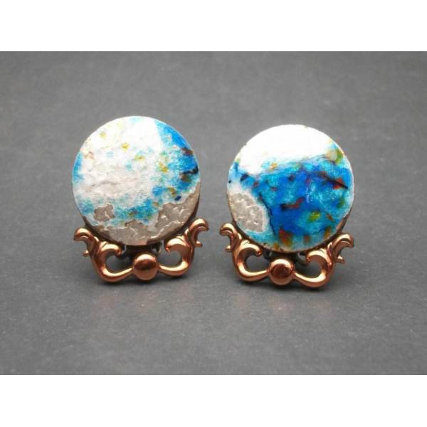 Vintage Matisse Renoir Copper and Enamel Clip on Earrings Blue and White