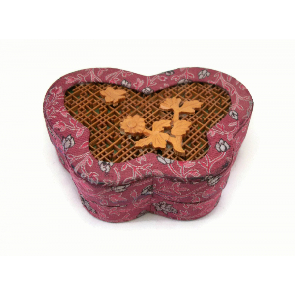 Vintage Purple Butterfly Shaped Brocade and Wood Inlay Trinket Box