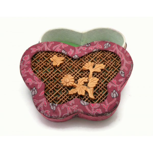 Vintage Purple Butterfly Shaped Brocade and Wood Inlay Trinket Box