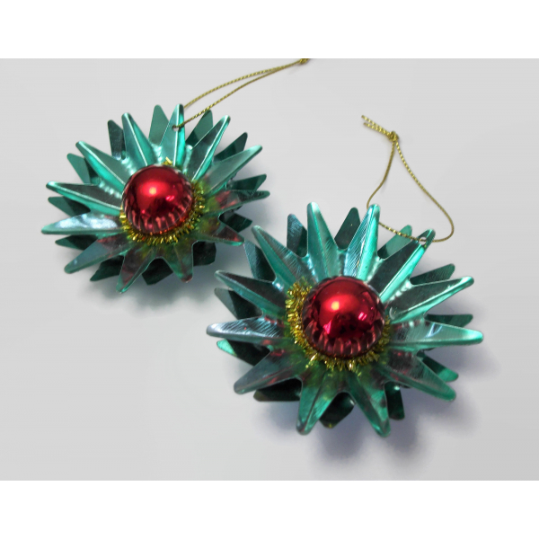 Vintage Tin Metal Star Ornaments Christmas Decor Teal Blue and Red 3D Starbursts
