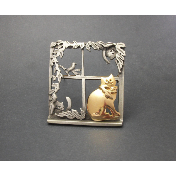 Pewter Cats in a Window Brooch Big Square Lapel Pin Cat Lover Signed Ultracraft