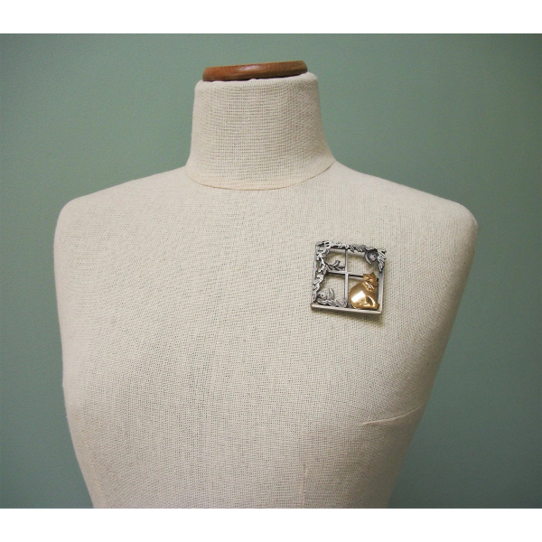 Vintage Pewter Cats in a Window Brooch Big Square Lapel Pin Cat Lover Jewelry
