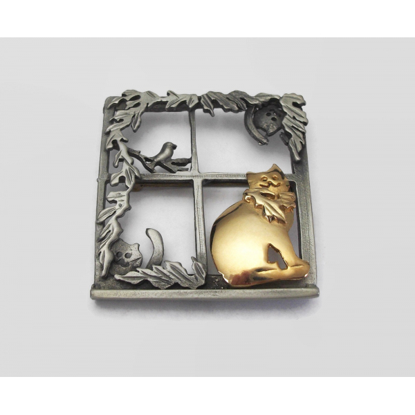 Vintage Pewter Cats in a Window Brooch Big Square Lapel Pin Cat Lover Jewelry