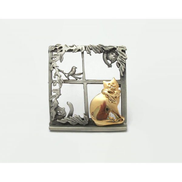 Vintage Pewter Cats in a Window Brooch Big Square Lapel Pin Cat Lover Jewelry