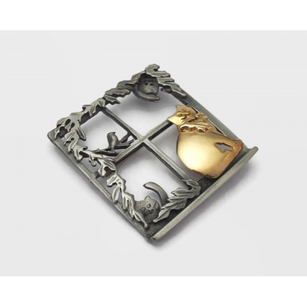Pewter Cat in a Window Brooch Big Square Lapel Pin Cat Lover Jewelry