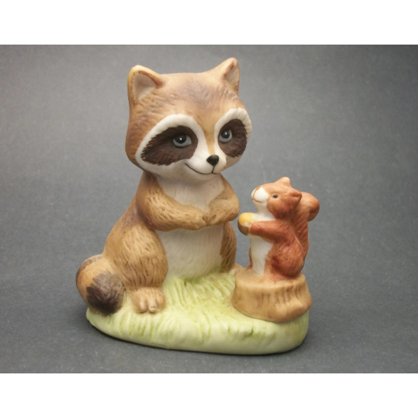 Vintage Homco Ceramic Animal Figurines Set of Two Raccoon Bear Cub