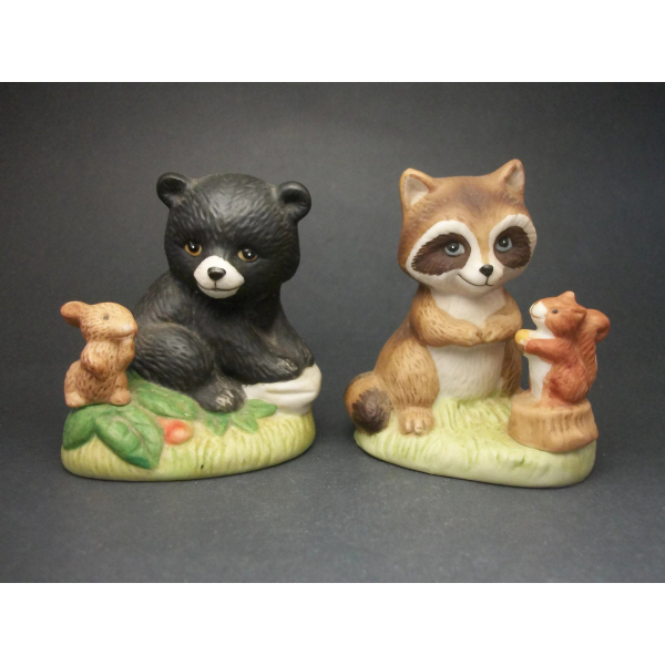 Vintage Homco Ceramic Animal Figurines Set of Two Raccoon Bear Cub