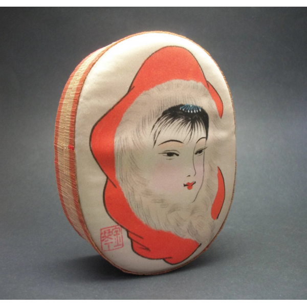 Vintage Asian Silk and Bamboo Trinket Box with Orange Lining Asian Woman's Face