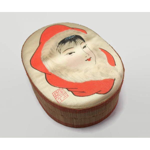 Vintage Asian Silk and Bamboo Trinket Box with Orange Lining Asian Woman's Face