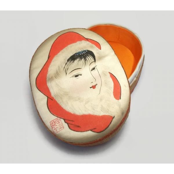 Vintage Asian Silk and Bamboo Trinket Box with Orange Lining Asian Woman's Face