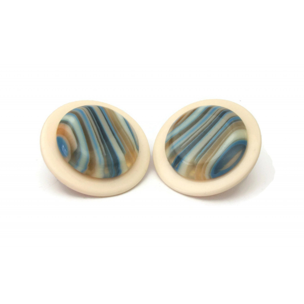 Vintage Huge 1980s Round Cream and Blue Striped Earrings