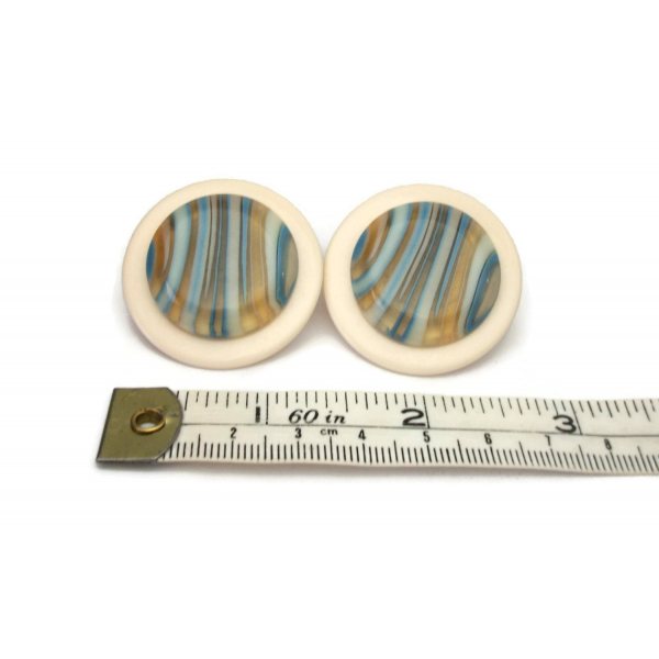 Vintage Huge 1980s Round Cream and Blue Striped Earrings Chunky Lucite Discs
