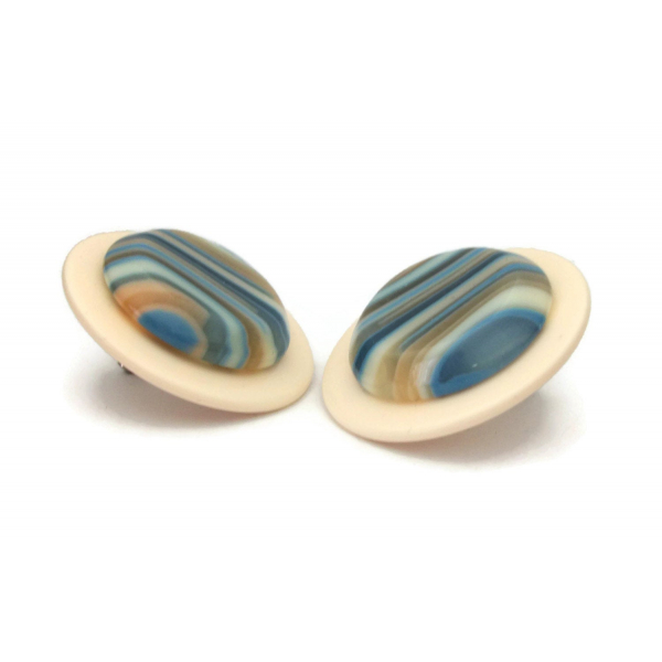 Vintage Huge 1980s Round Cream and Blue Striped Earrings Chunky Lucite Discs