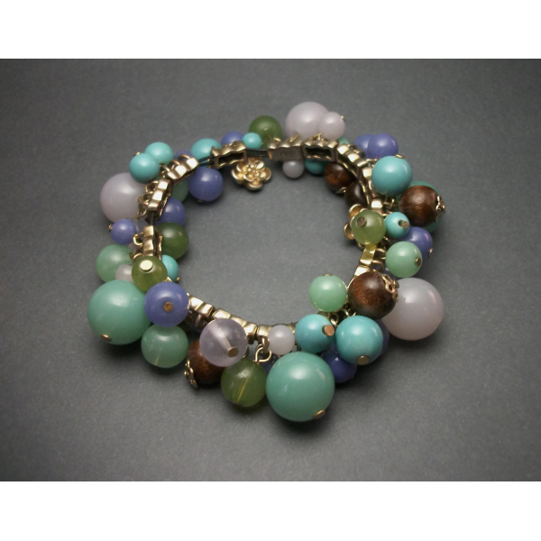 Signed Liz Claiborne Beaded Stretch Bracelet Blue Green Brown Smokey Grey Beads