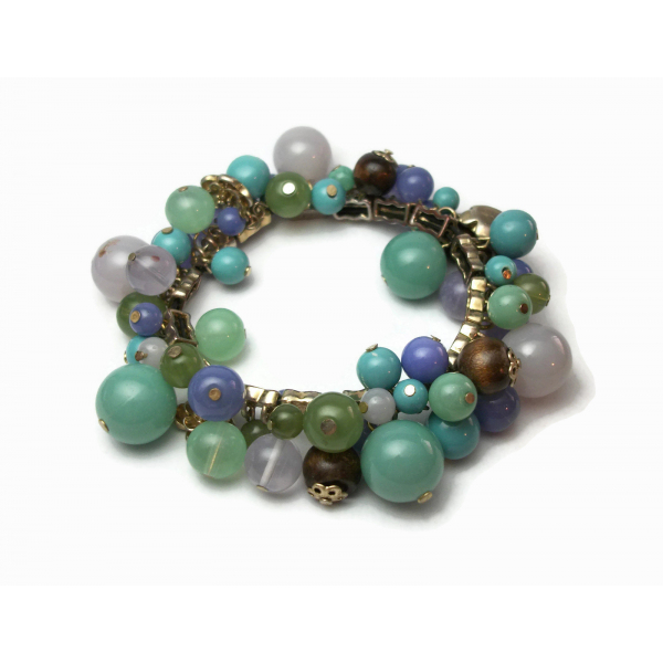 Signed Liz Claiborne Beaded Stretch Bracelet Blue Green Brown Smokey Grey Beads