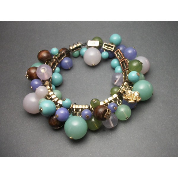 Signed Liz Claiborne Beaded Elastic Bracelet Blue Green Brown Smokey Grey Beads