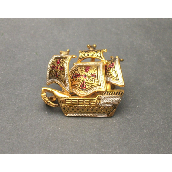 Vintage Spanish Damascene Ship Brooch Made in Spain 3D Sailing Ship Pin