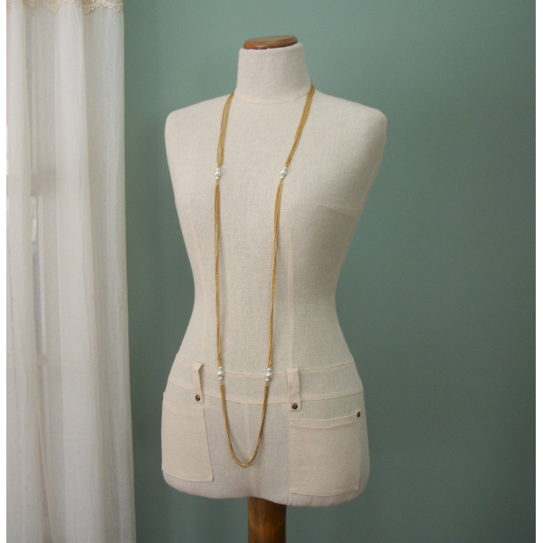 Vintage Super Long Gold Layering Chain Necklace with Faux Pearls Four Strands