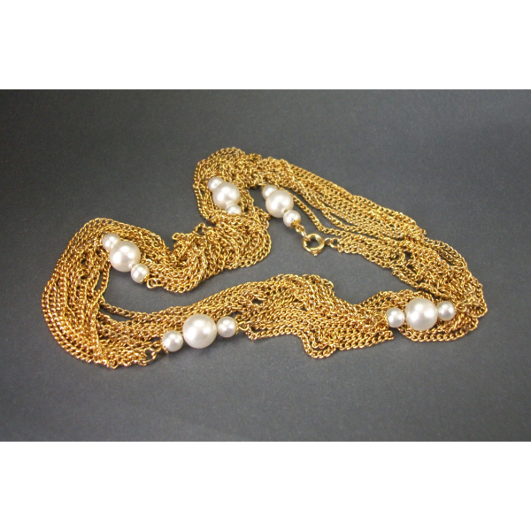 Vintage Super Long Gold Layering Chain Necklace with Faux Pearls Four Strands