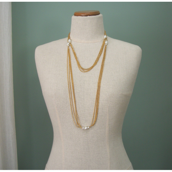 Vintage Super Long Gold Layering Chain Necklace with Faux Pearls Four Strands