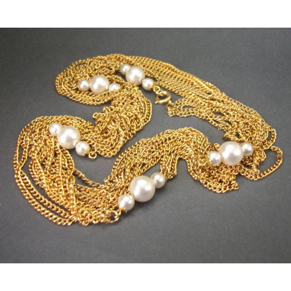 Vintage Super Long Gold Layering Chain Necklace with Faux Pearls Four Strands