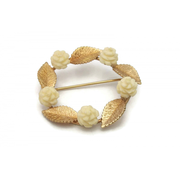 Vintage 14K GF Wreath Brooch with Faux Ivory White Flowers  Dainty Circle Pin