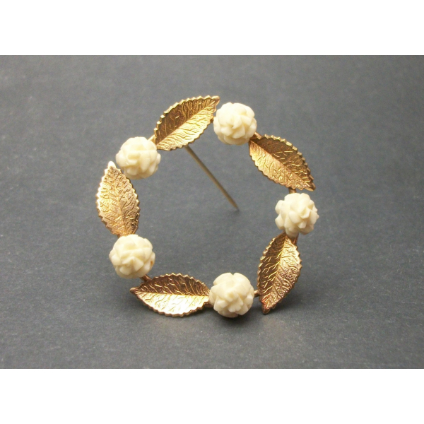 Vintage 14K GF Wreath Brooch with Faux Ivory White Flowers  Dainty Circle Pin