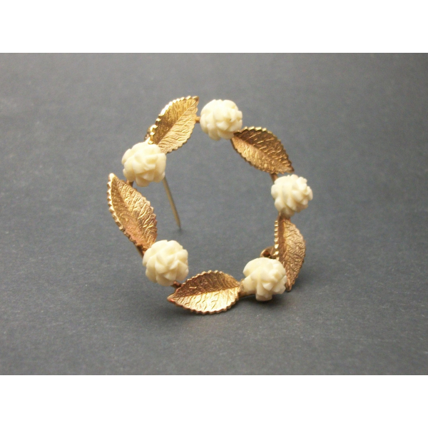 Vintage 14K GF Wreath Brooch with Faux Ivory White Flowers  Dainty Circle Pin