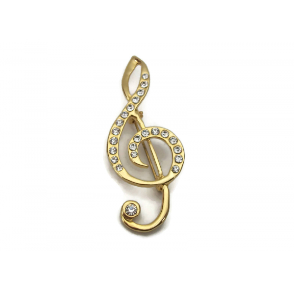 Vintage Treble Clef Brooch Clear Rhinestone and Gold Tone Music Lapel Pin