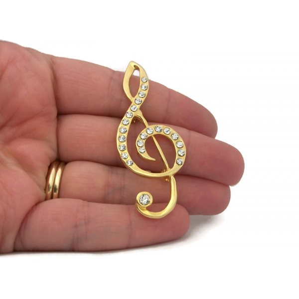 Vintage Treble Clef Brooch Clear Rhinestone and Gold Tone Music Lapel Pin