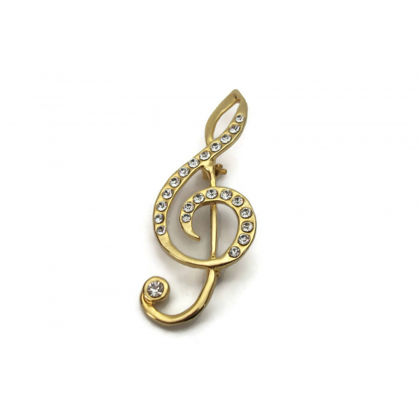 Vintage Treble Clef Brooch Clear Rhinestone and Gold Tone Music Lapel Pin