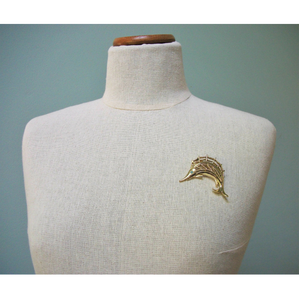 Vintage J.J. Jonette Sailfish Brooch Gold Tone Metal Sailfish Lapel Pin