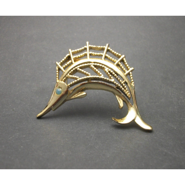 Vintage J.J. Jonette Sailfish Brooch Gold Tone Metal Sailfish Lapel Pin
