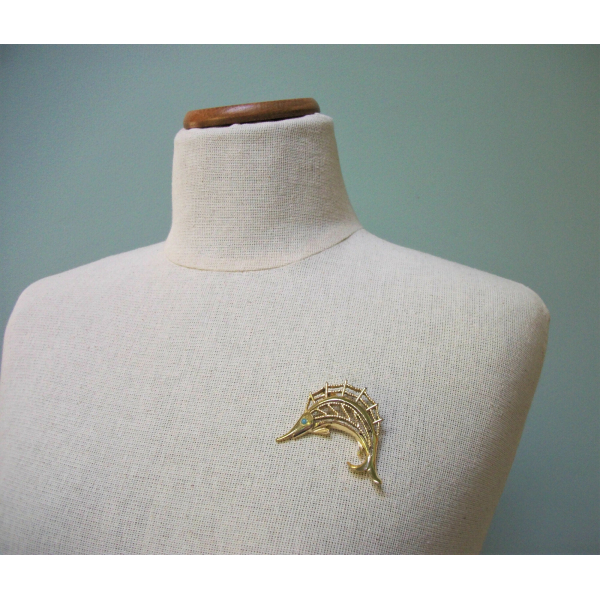 Vintage J.J. Jonette Sailfish Brooch Gold Tone Metal Sailfish Lapel Pin