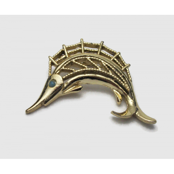 Vintage J.J. Jonette Sailfish Brooch Gold Tone Metal Sailfish Lapel Pin