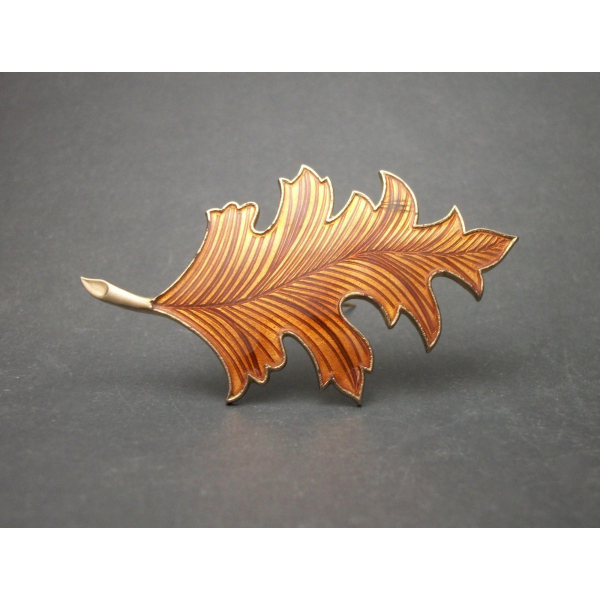 Vintage Guilloche Enamel Pin Oak Leaf Brooch Orange Brown Fall Autumn Leaf Pin