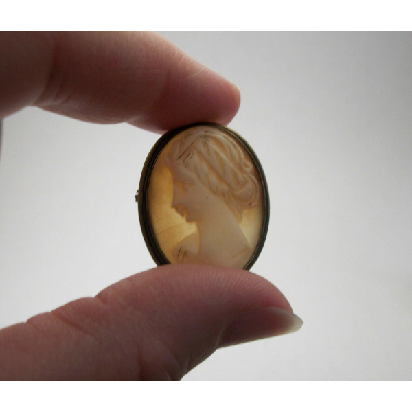 Vintage Genuine Carved Shell Cameo Brooch Pendant Small 1 1/8" x 7/8" 1930s