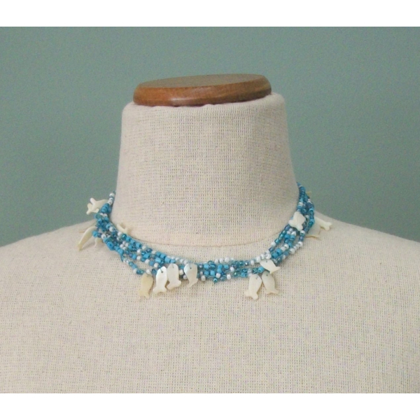 Vintage Mother of Pearl Shell Fish Charm Choker Necklace Blue and White Beads