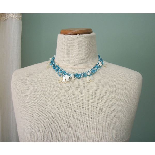 Vintage Mother of Pearl Shell Fish Charm Choker Necklace Blue and White Beads