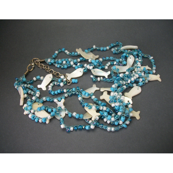 Vintage Mother of Pearl Shell Fish Charm Choker Necklace Blue and White Beads