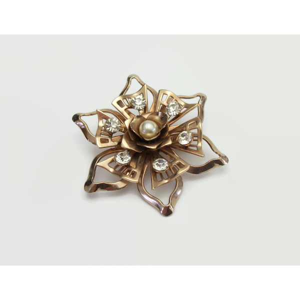 Vintage Rose Gold Floral Brooch with Clear Crystal Rhinestones