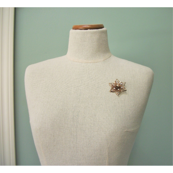 Vintage Rose Gold Floral Brooch with Clear Crystal Rhinestones