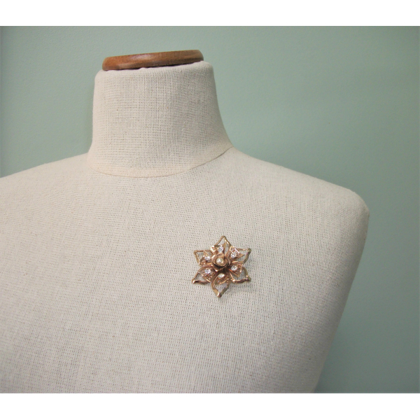 Vintage Rose Gold Floral Brooch with Clear Crystal Rhinestones